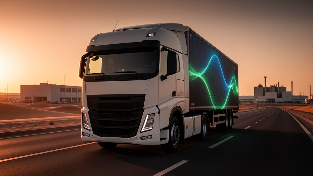 Moderner wasserstoffbetriebener Schwerlast-Lkw auf einer Logistikroute in Saudi-Arabien, ohne Markenlogos, symbolisch für alternative Antriebe und autonome Fahrfunktionen
