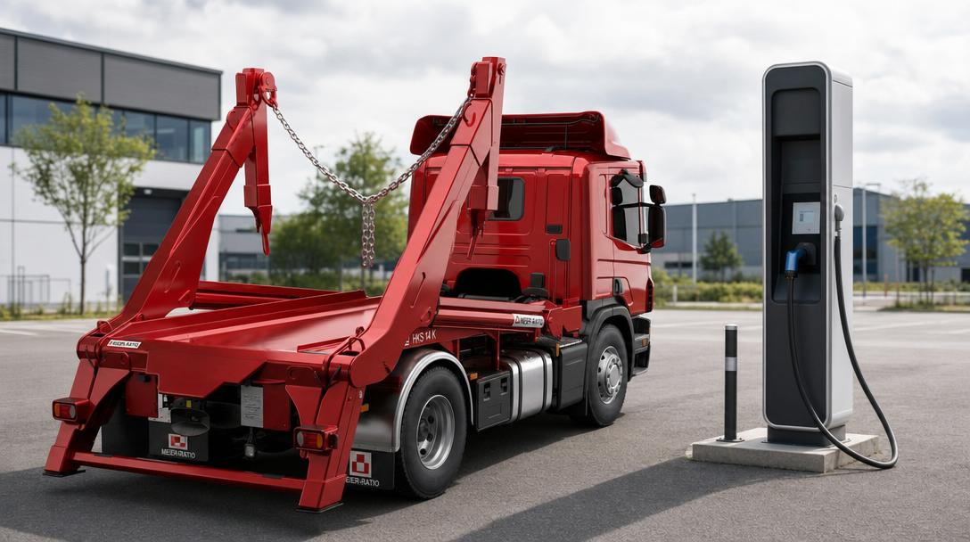 Roter MEIER-RATIO Absetzkipper auf einem Logistik-Depot, daneben eine Ladesäule für E-Lkw — Symbol für die Antriebsfrage nach der Lockerung der EU-CO2-Vorgaben